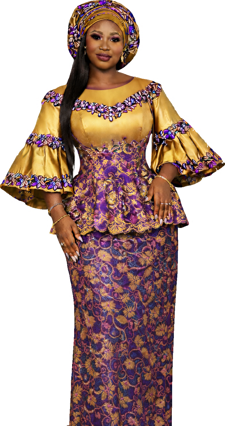 Village Cloth gold and purple peplum dress